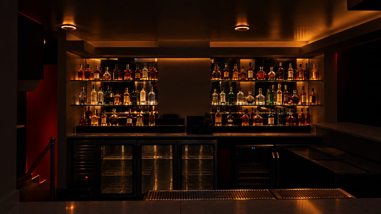 The illuminated bar: two glass shelves of bottles backlit in amber above glass-door coolers and a stainless drink rail.