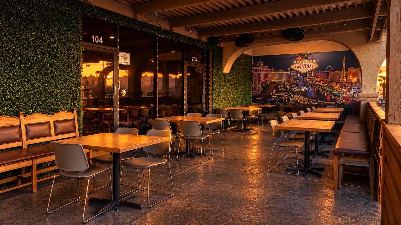 Wide patio at golden hour with wood tables and gray chairs beside a hedge wall, under a wooden pergola, with a Las Vegas skyline mural on the far wall.